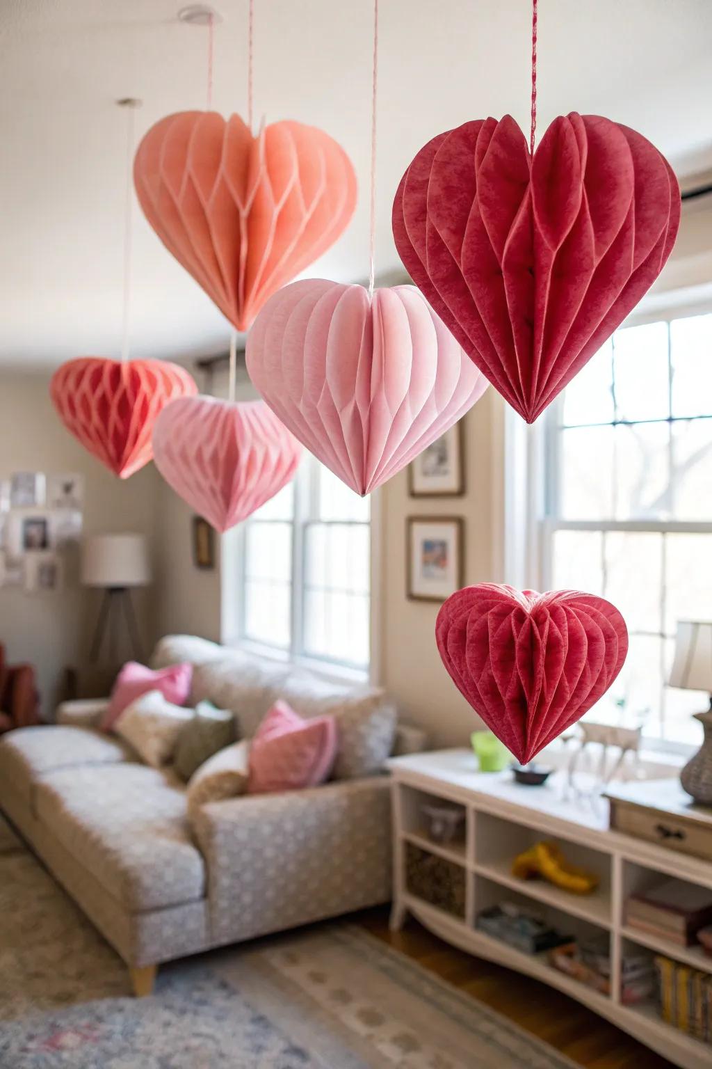 Playful honeycomb paper hearts brighten any room.