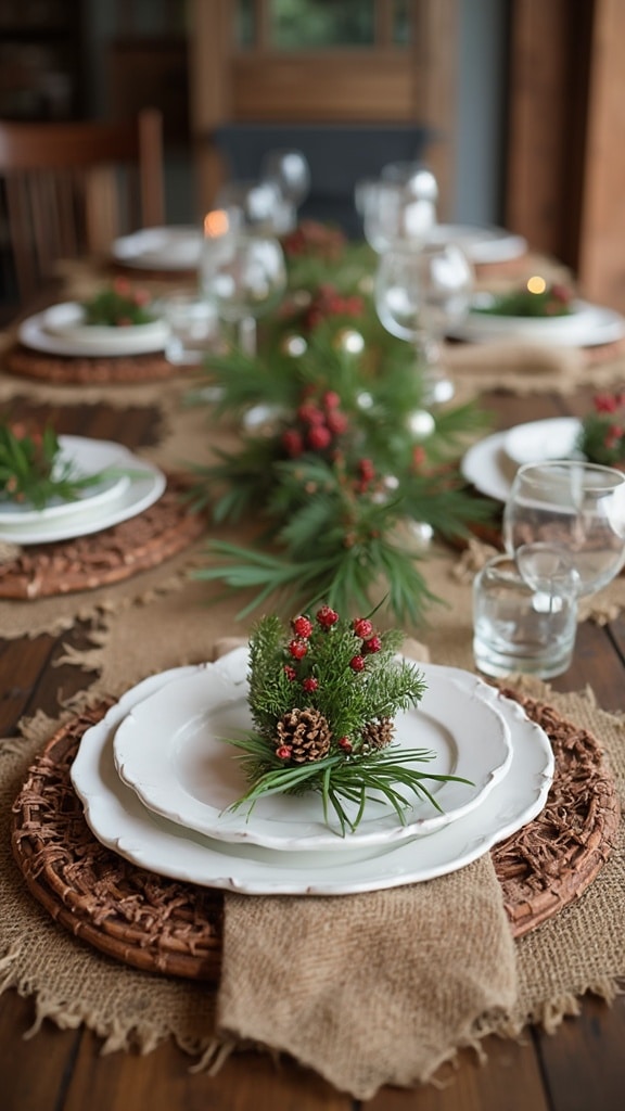 Rustic burlap table setting with greenery and pinecones