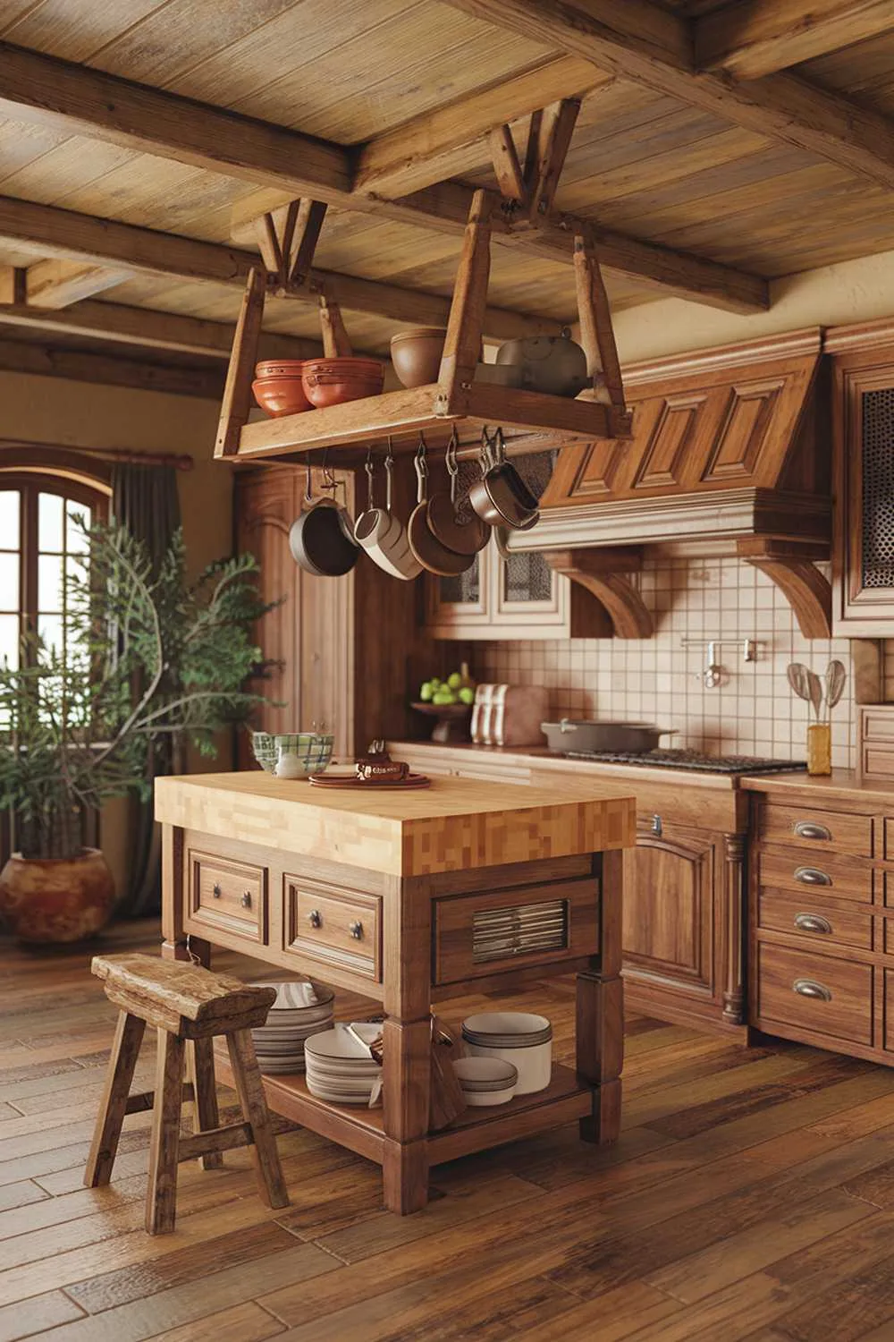 Rustic Kitchen with Wooden Beams Rustic kitchen featuring exposed wooden beam ceiling, butcher block island, and wooden cabinetry
