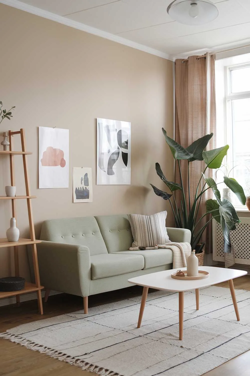 Scandinavian living room featuring a sage green sofa, white coffee table, wooden accents, and a large indoor plant by the window. Beige walls and rug create a neutral backdrop with artwork on the walls.