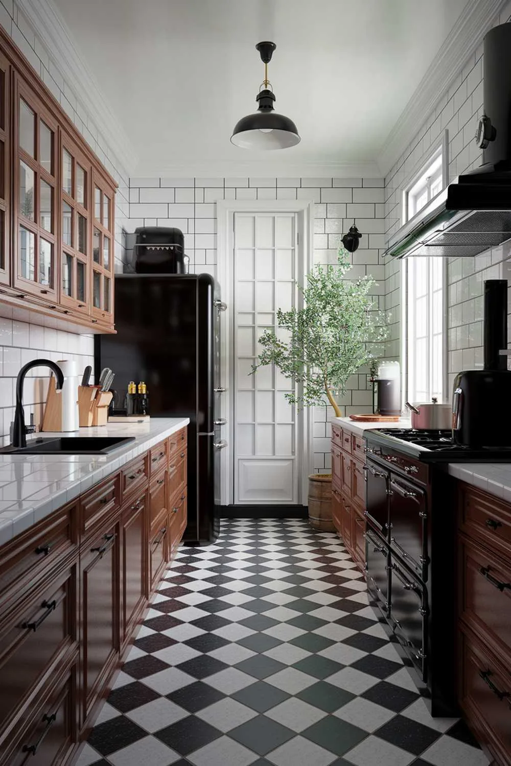 Elegant black and wood kitchen featuring a black and white checkered floor, black appliances, and wooden cabinetry
