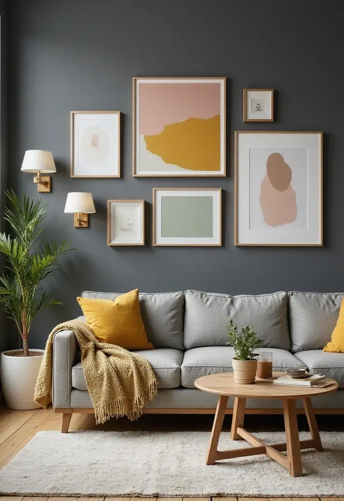 Accent Wall Art in Mustard, Blush, or Sage in Dark Gray Wall Living Rooms