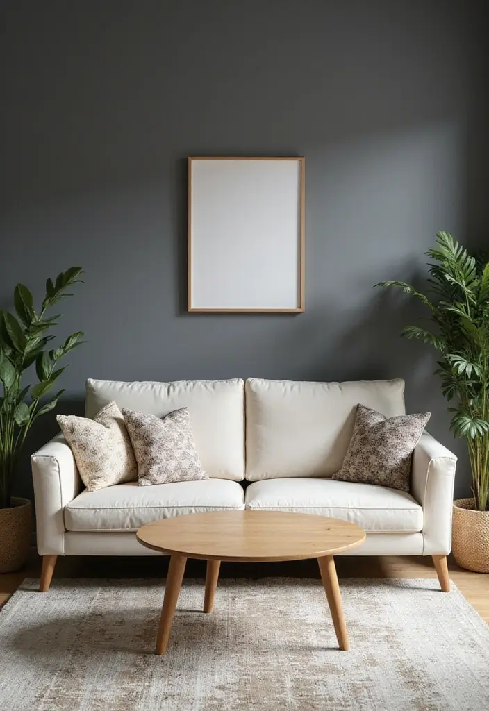 Cream or Ivory Sofas in Dark Gray Wall Living Rooms