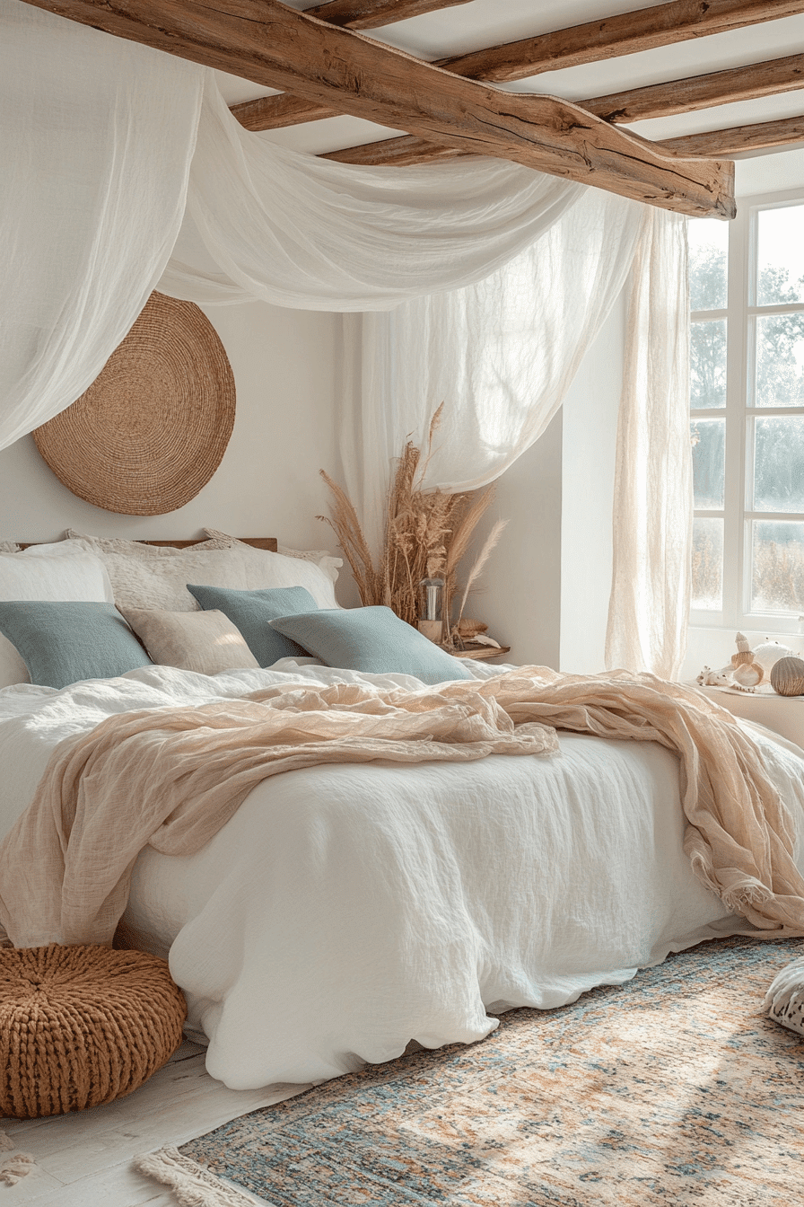 Boho coastal bedroom with soft blue and sandy white tones