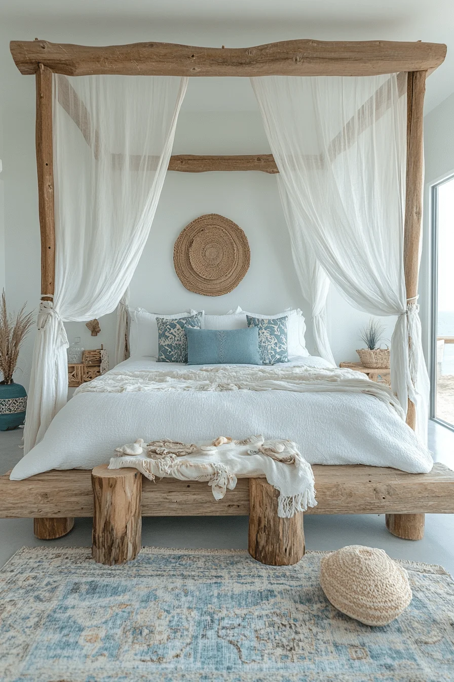 Boho coastal bedroom with ocean blue and sandy white tones