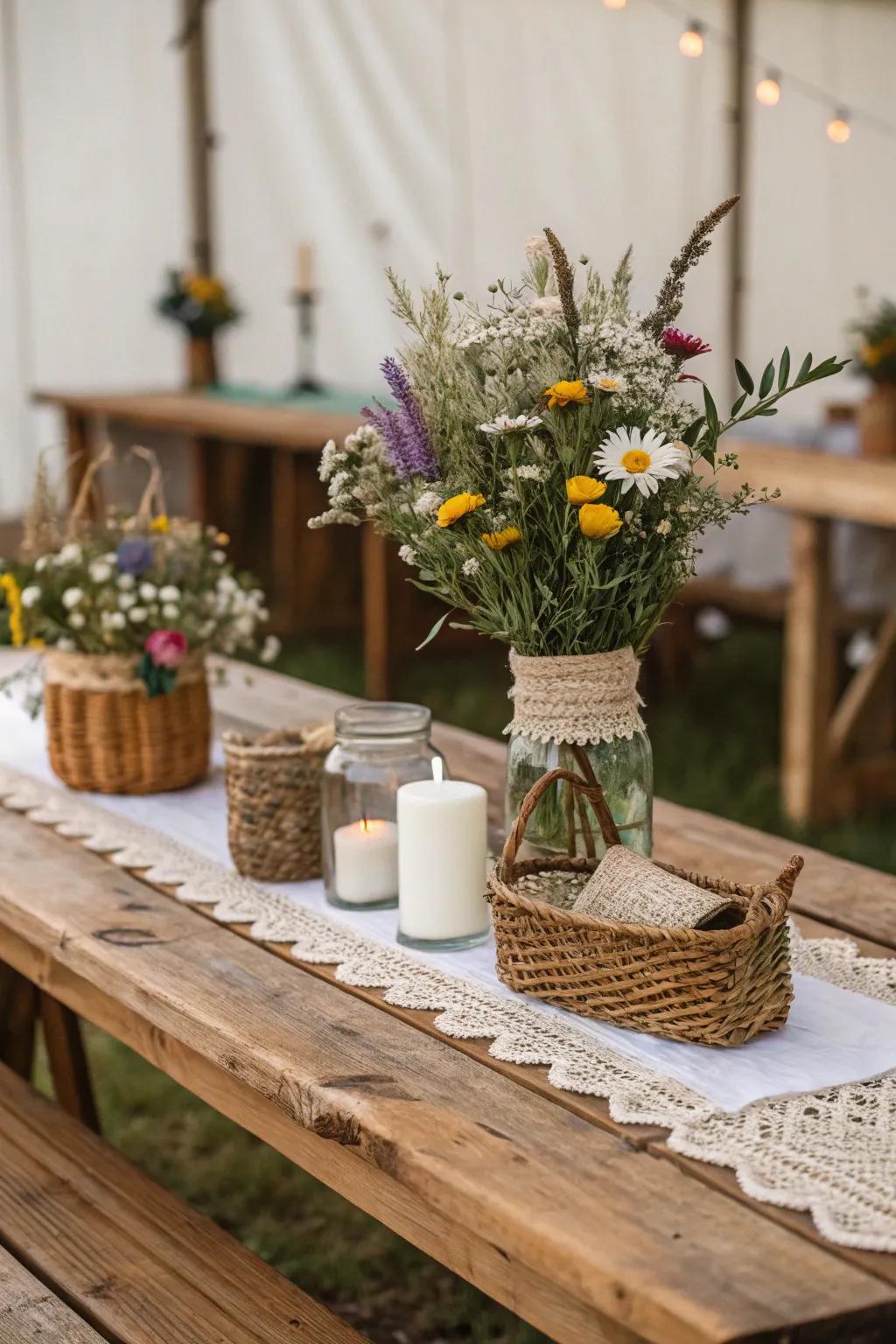 Bohemian table setting featuring cheesecloth and wildflowers