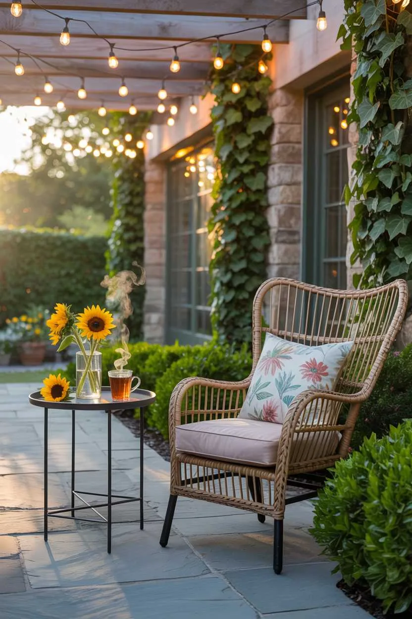 Wicker chair with floral cushions and small table with sunflowers on flagstone patio
