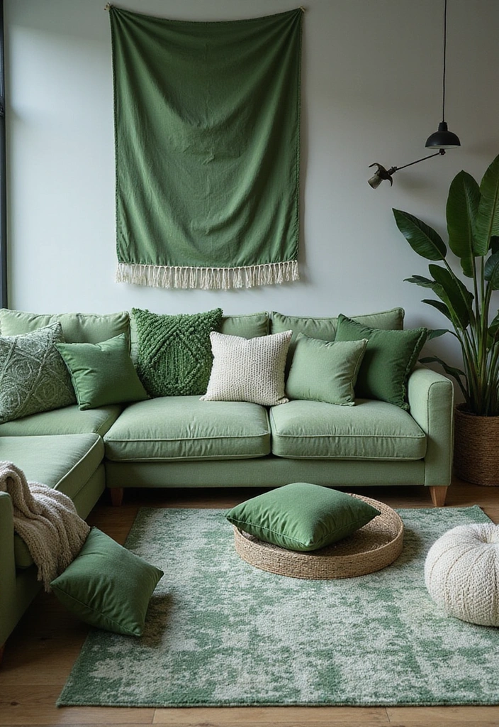 Cozy Green Textiles in Living Room