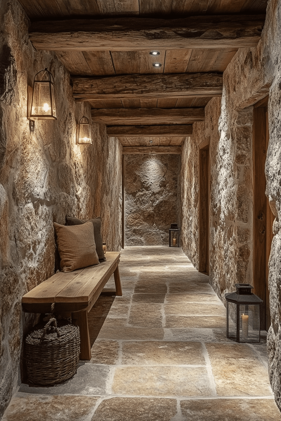 Rustic hallway with natural stone accents
