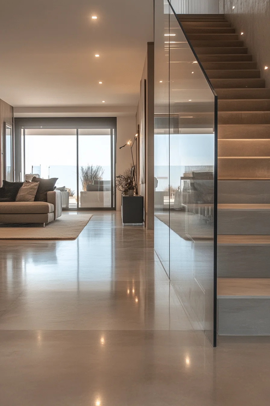 Glass staircase with metal railings