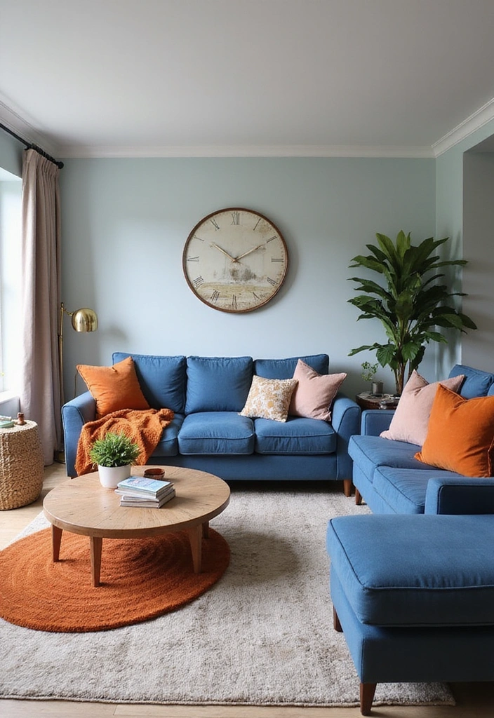Blue and Orange Inviting Sustainable Living Room