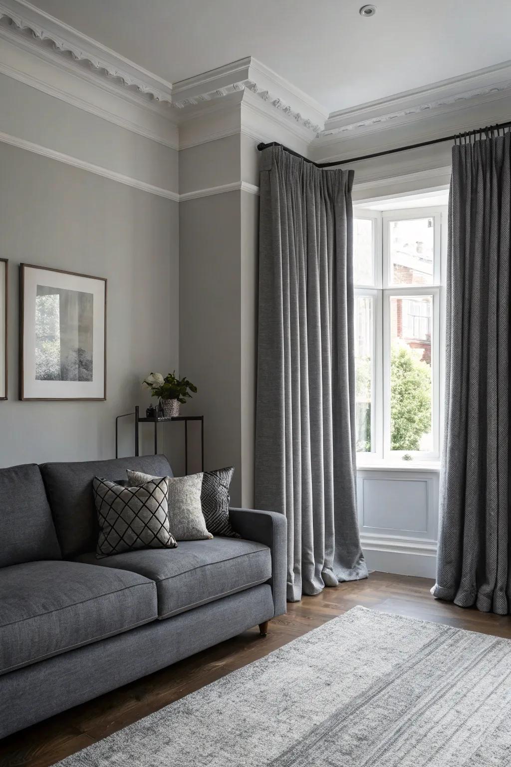 Living room showcasing a sophisticated monochrome gray palette with layered shades.