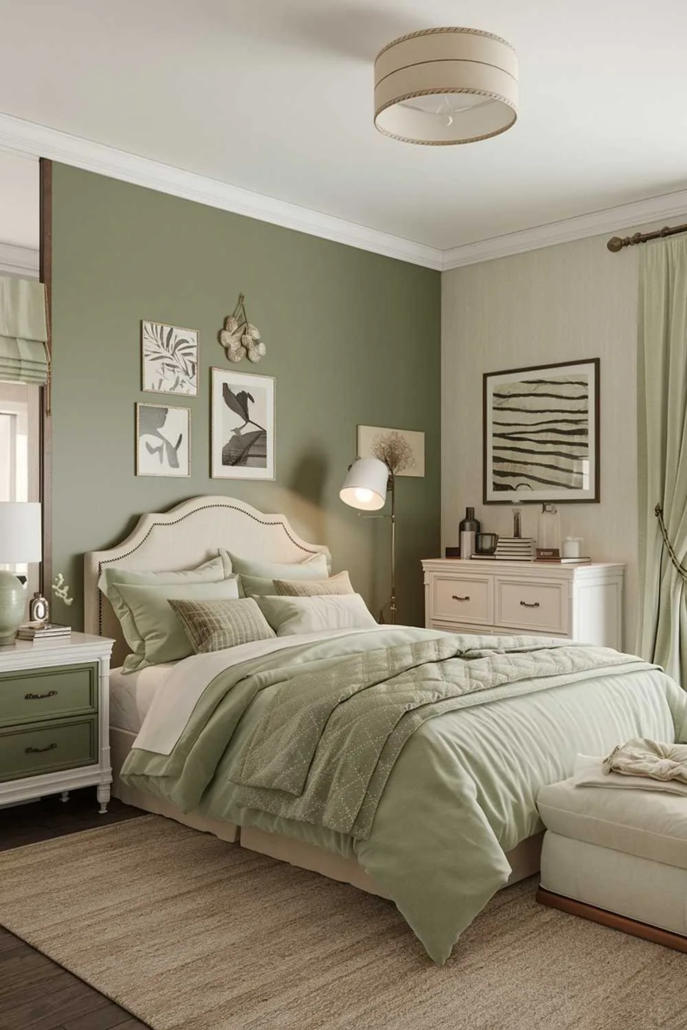 Cozy bedroom with sage green accent wall, white bed, and beige rug