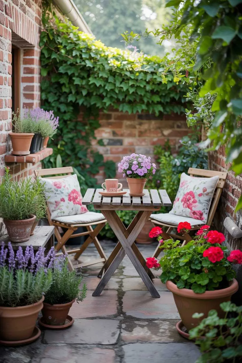 Cozy patio garden with wooden table, floral cushioned chairs, and overflowing terracotta pots of lavender and geraniums