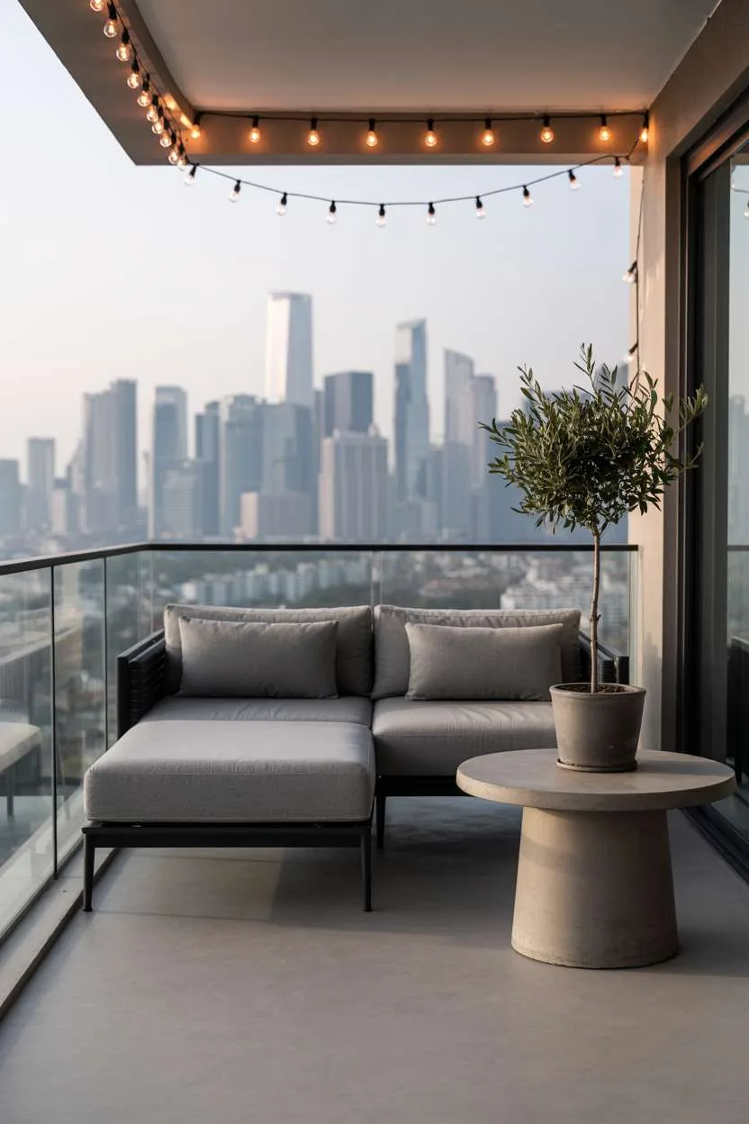 Modern balcony with grey sectional sofa facing city skyline through glass railings