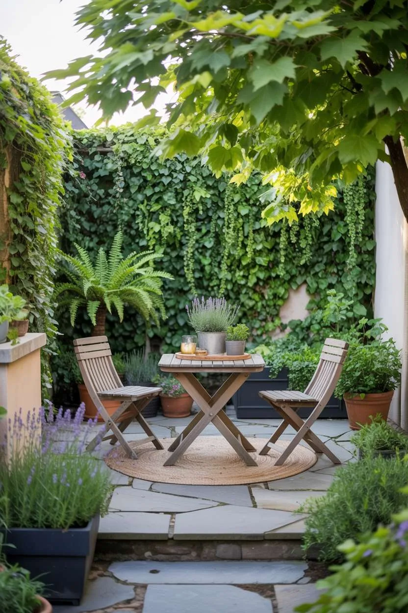 Inviting stone patio with rustic wooden furniture and surrounding herb pots