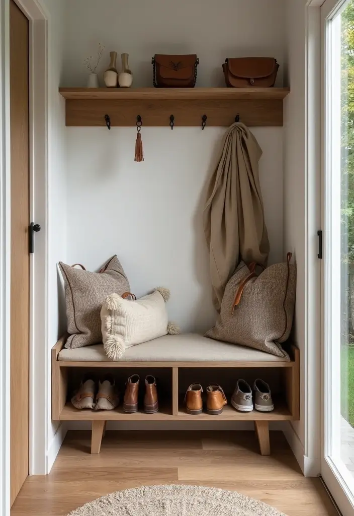 Storage bench in entryway closet