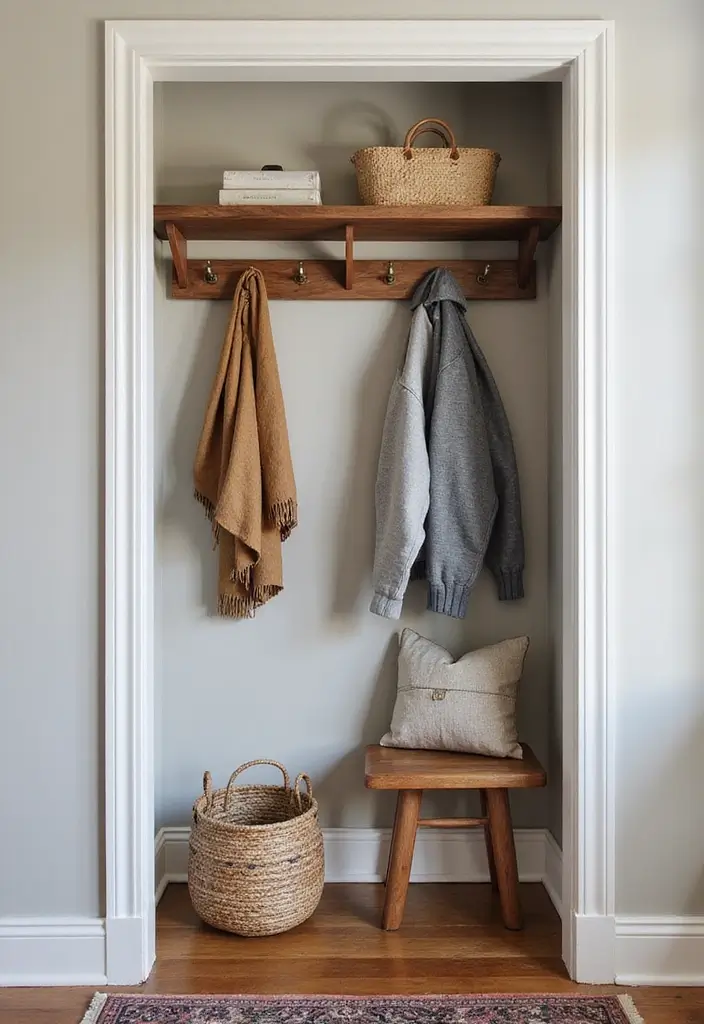 DIY custom shelving in entryway closet