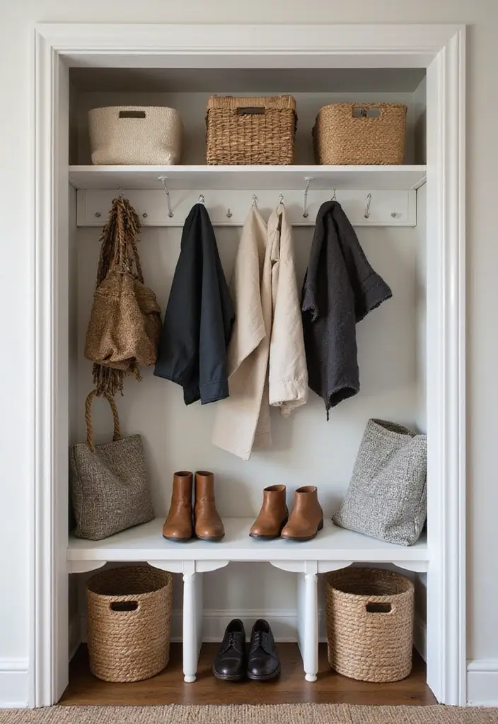 Seasonal items organized in entryway closet