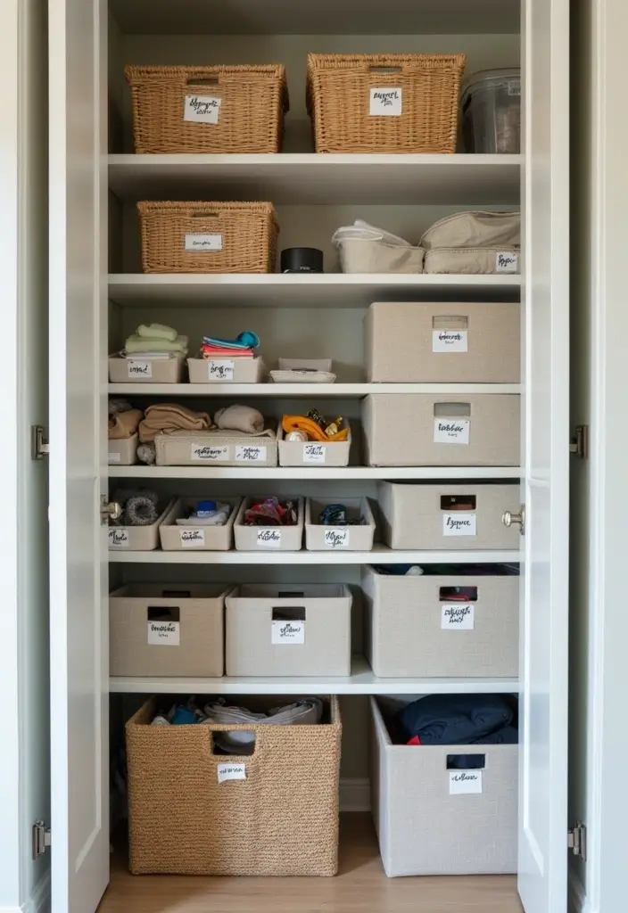 Labeling storage bins in entryway closet