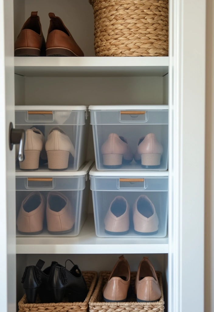 Clear storage bins for entryway organization