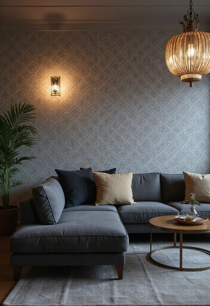 29 Ideas We Love: Sophisticated Living Rooms Featuring A Charcoal Grey Sofa - 20. Bold Lighting Statements