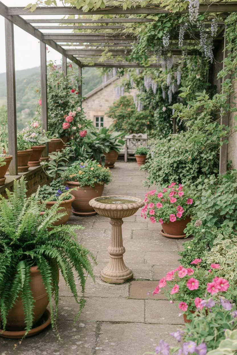 Rustic stone path winding through terracotta pots with ferns, ivy, and petunias leading to a stone cottage with climbing roses