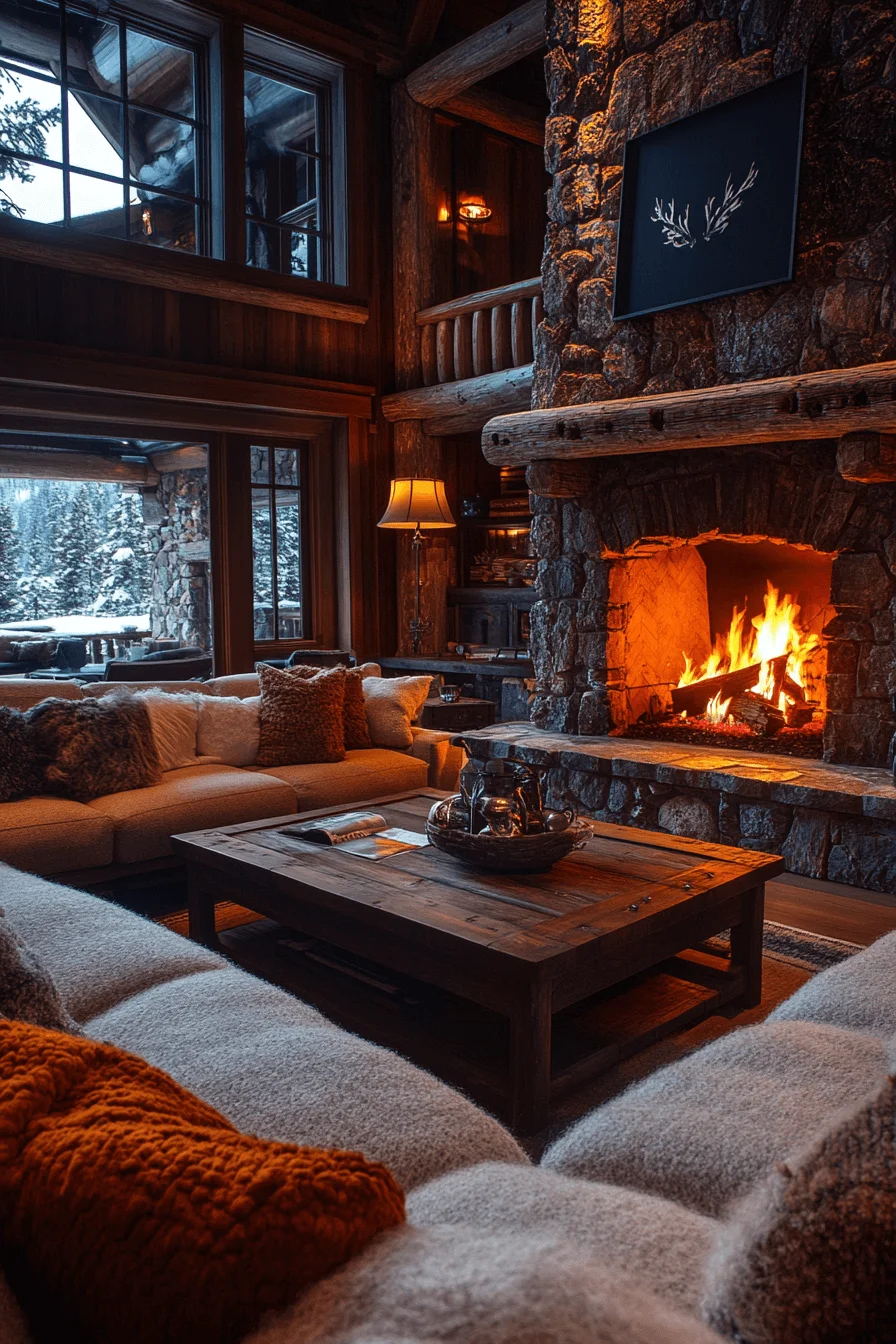 Cozy cabin living room with fireplace