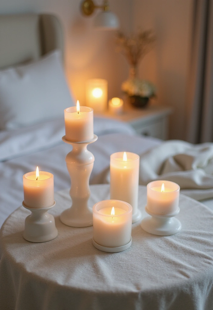 Elegant White Candle Holders in a Serene Bedroom