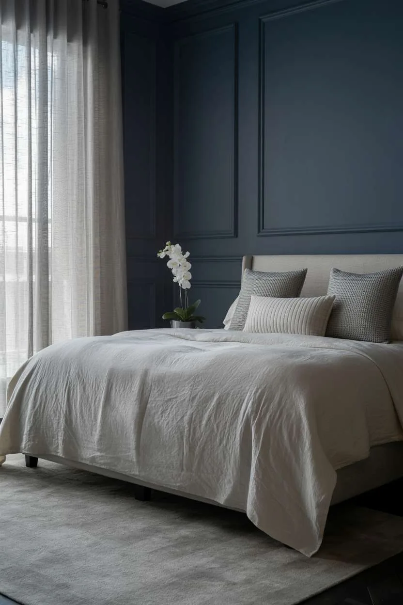 Navy Blue Bedroom Ideas with Silver Accents Sophisticated navy blue bedroom with king bed, white bedding, silver wall panels, and orchid centerpiece