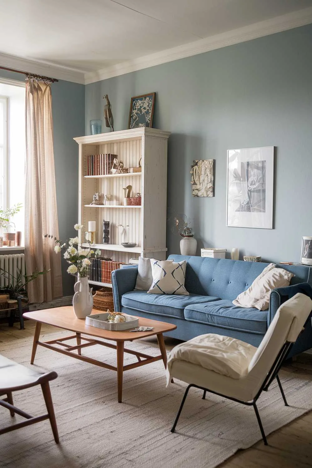 Vintage Scandinavian living room with blue sofa and white chair