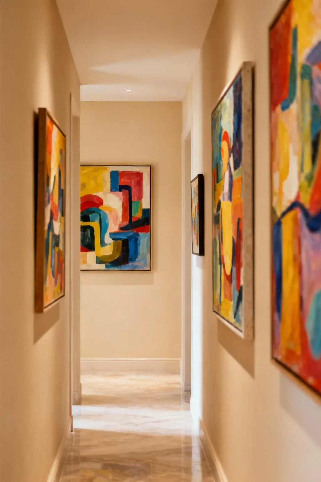 A hallway featuring beige walls with vibrant abstract art and soft natural lighting.