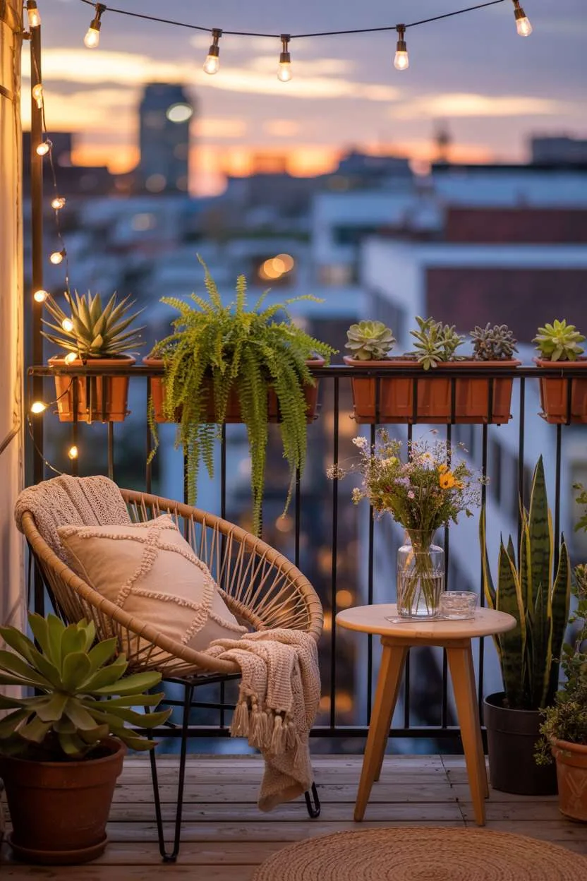 Rattan chair with cushions and throw on balcony overlooking cityscape at dusk