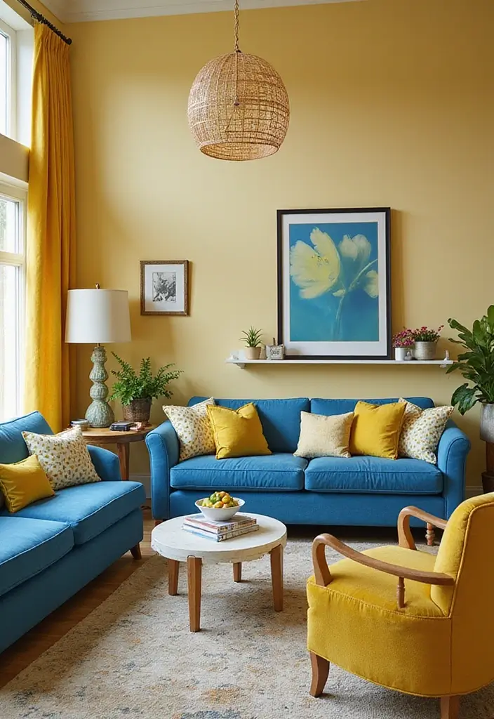 Eclectic Furniture Arrangement in Yellow and Blue