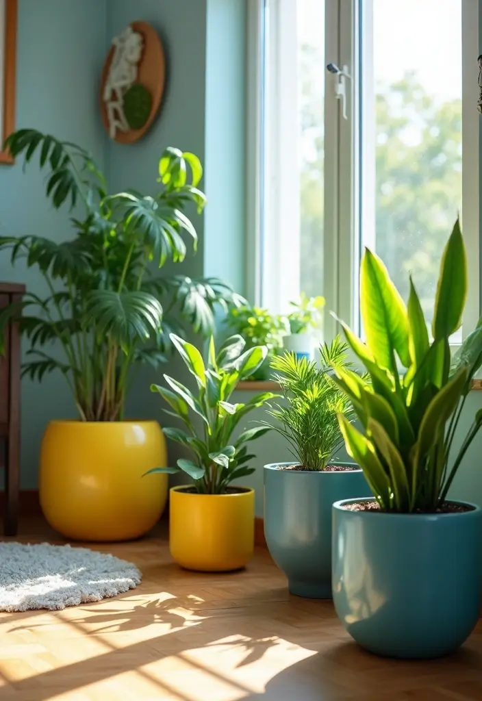 Indoor Plants in Yellow and Blue Planters