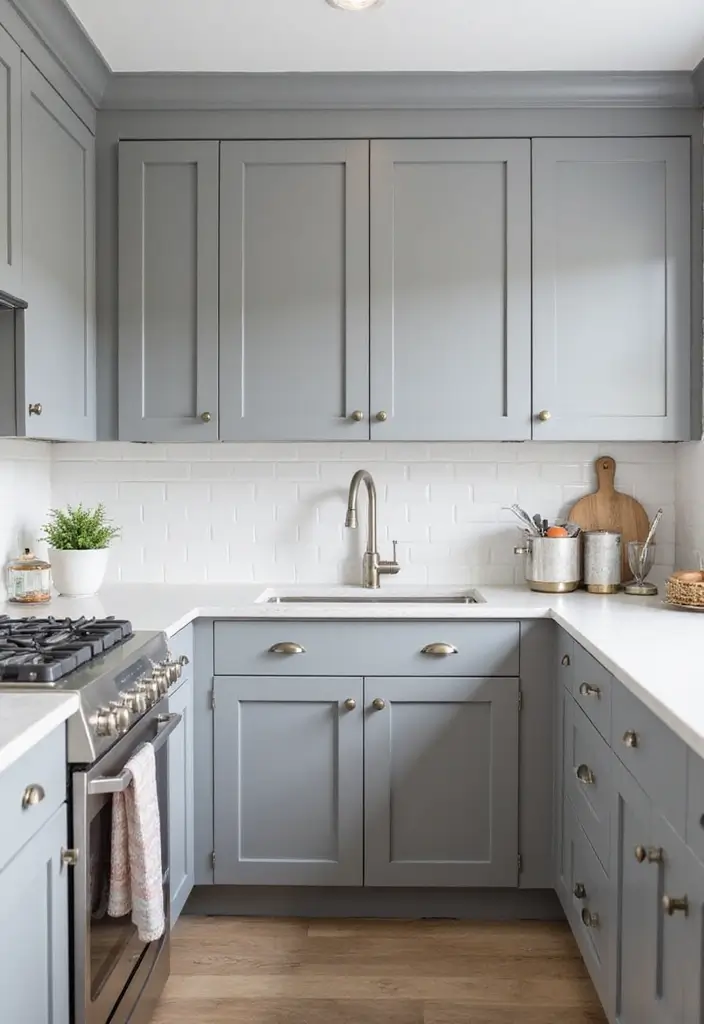 Grey Shaker Cabinets with White Quartz Counters