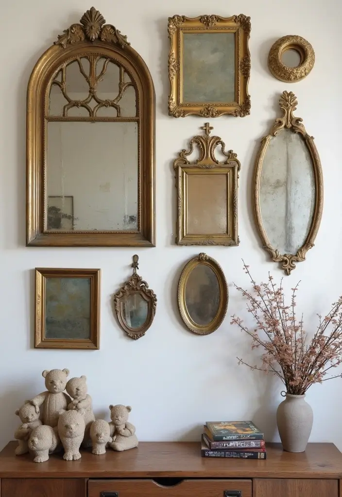 Gallery wall featuring vintage mirrors