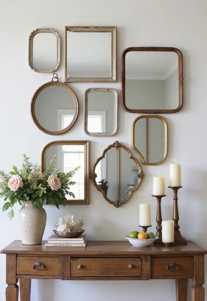 Layered vintage mirrors over console table