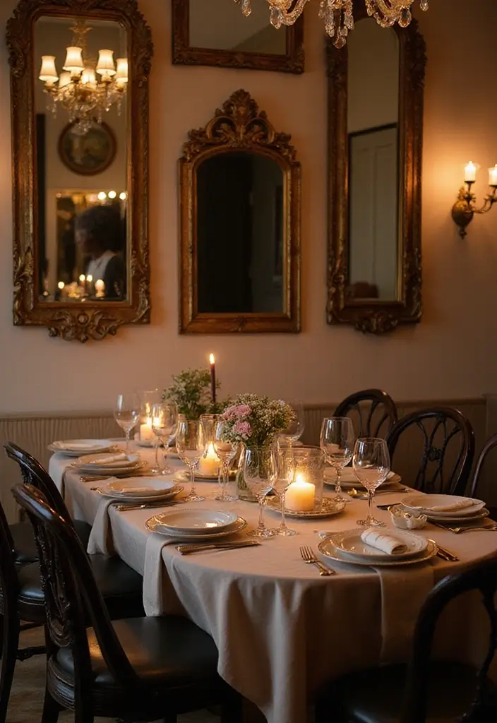 Layered vintage mirrors in dining room