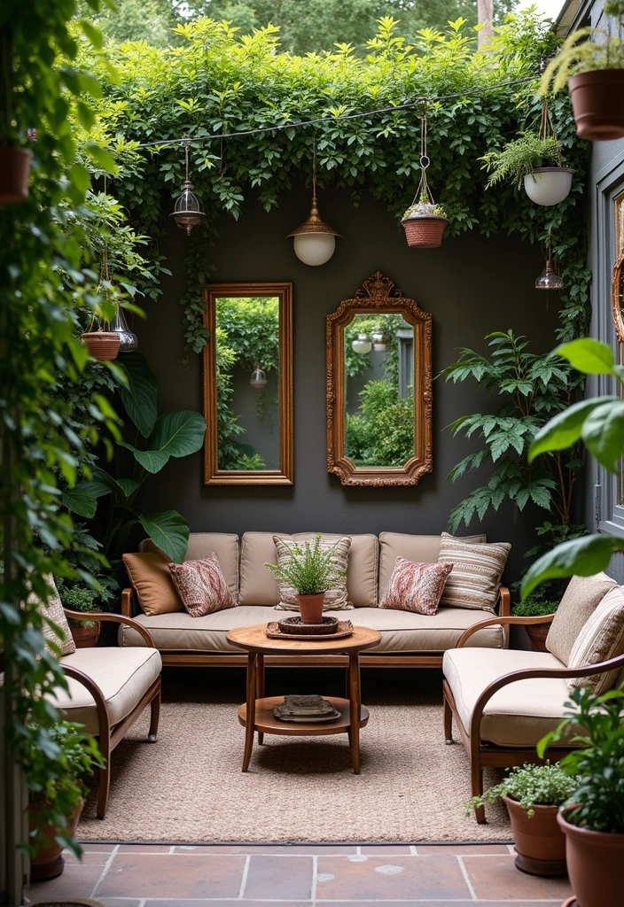 Vintage mirrors in outdoor patio