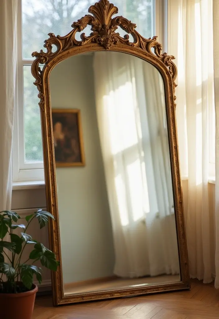 Layered vintage mirrors reflecting natural light
