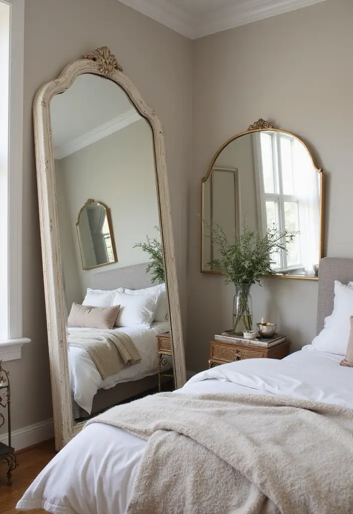 Layered vintage mirrors in bedroom