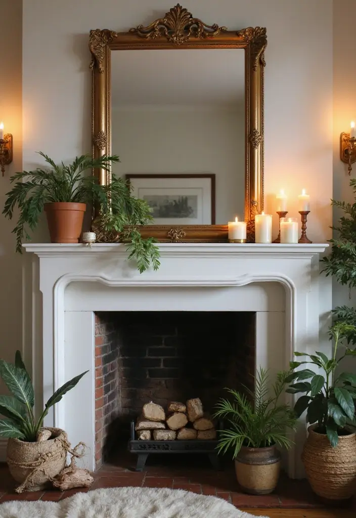 Vintage mirrors above fireplace