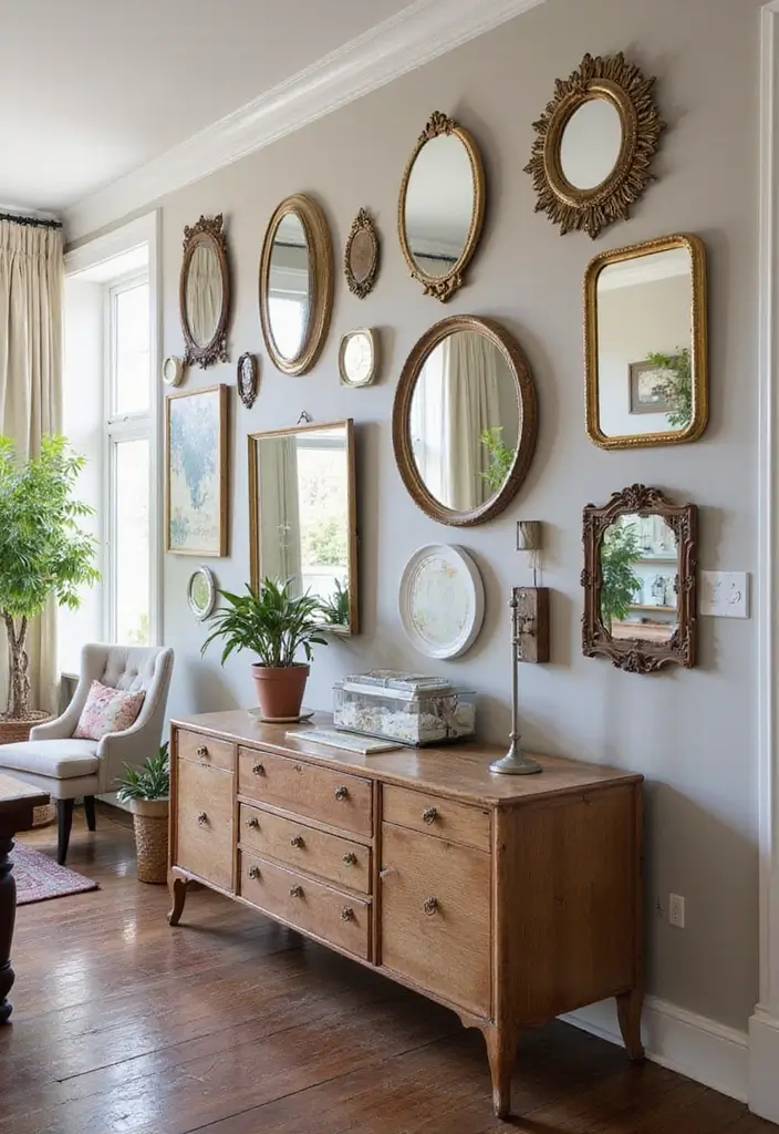 Layered vintage mirrors enhancing light and space