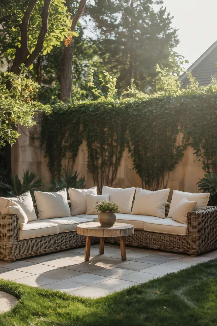 Wicker sofa with cream cushions on stone patio surrounded by greenery and warm lighting