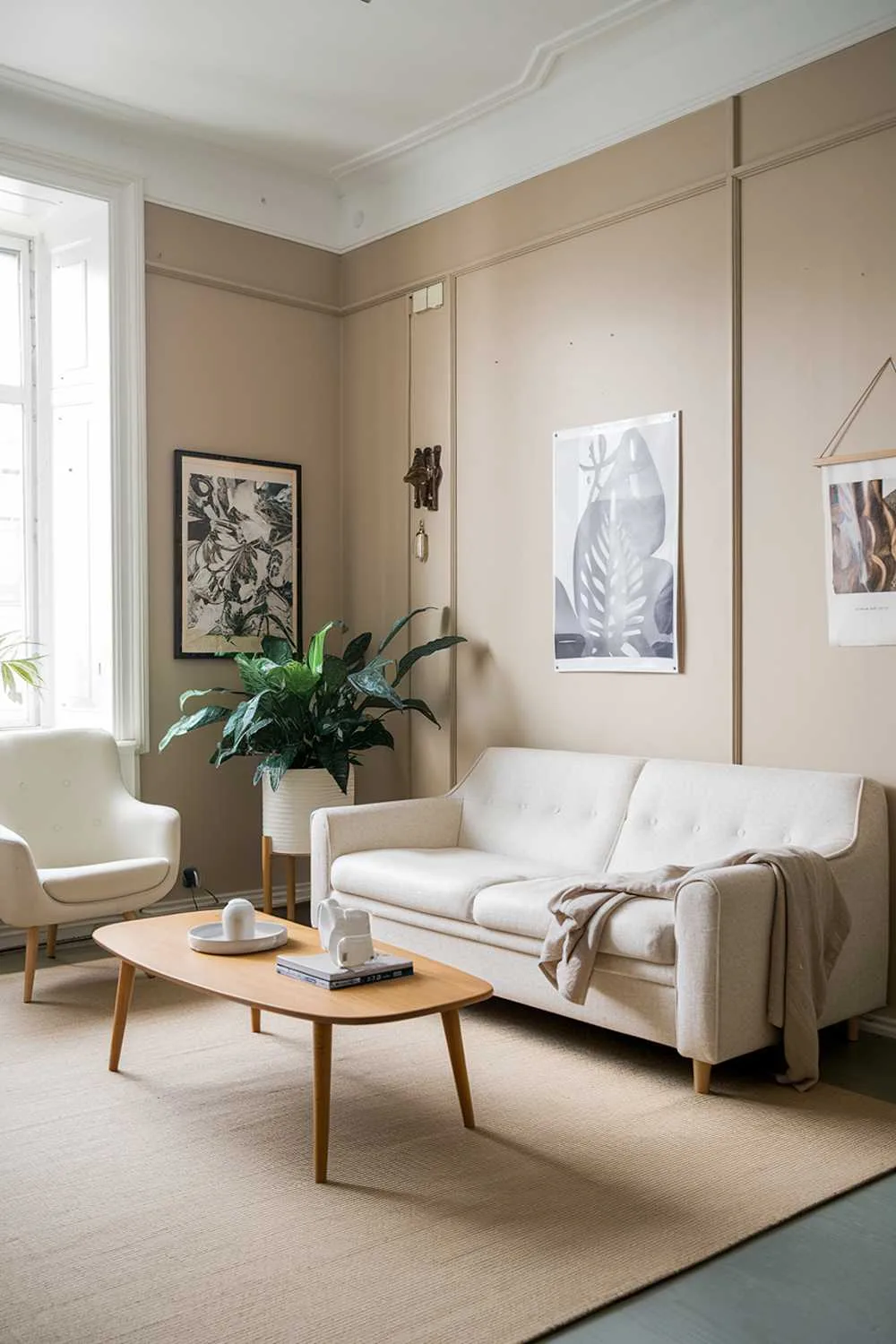 Scandinavian apartment living room with beige sofa and white chair