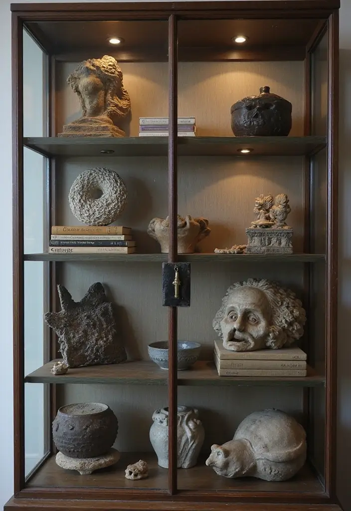 Artistic smoked-glass cabinet display with sculpture and books