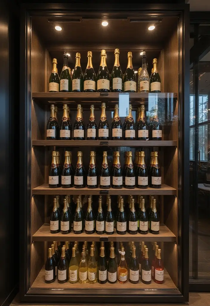 Tiered champagne display inside smoked-glass cabinet