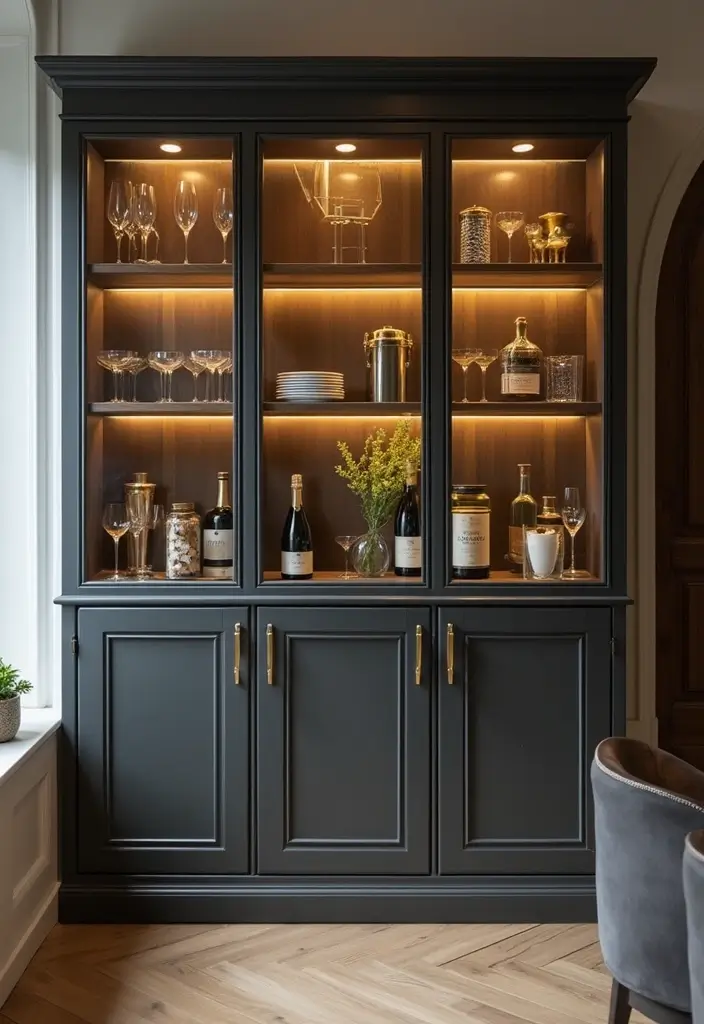 Color coordinated smoked-glass cabinet decor