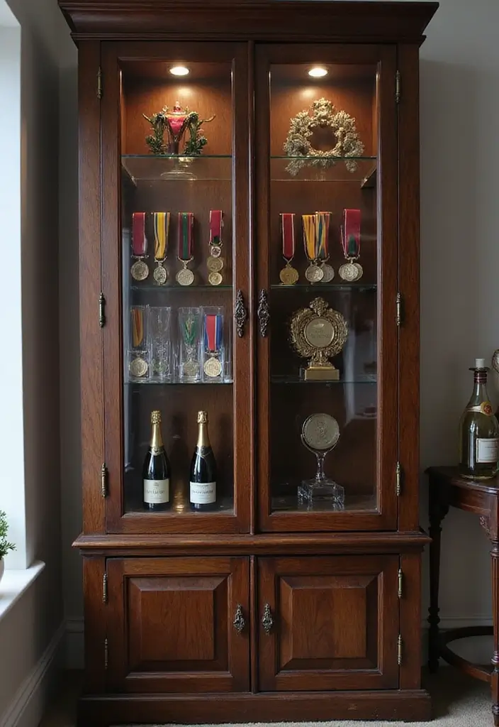 Smoked-glass cabinet displaying awards and champagne